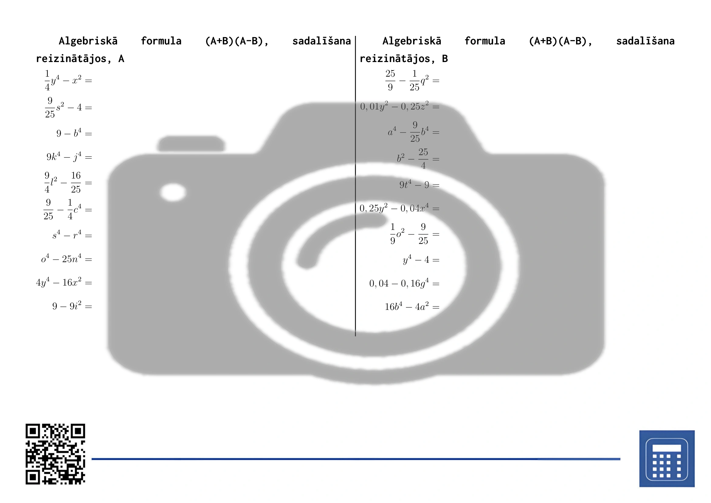 Darba lapa: Algebriskā formula (A+B)(A-B), sadalīšana reizinātājos - Image 2