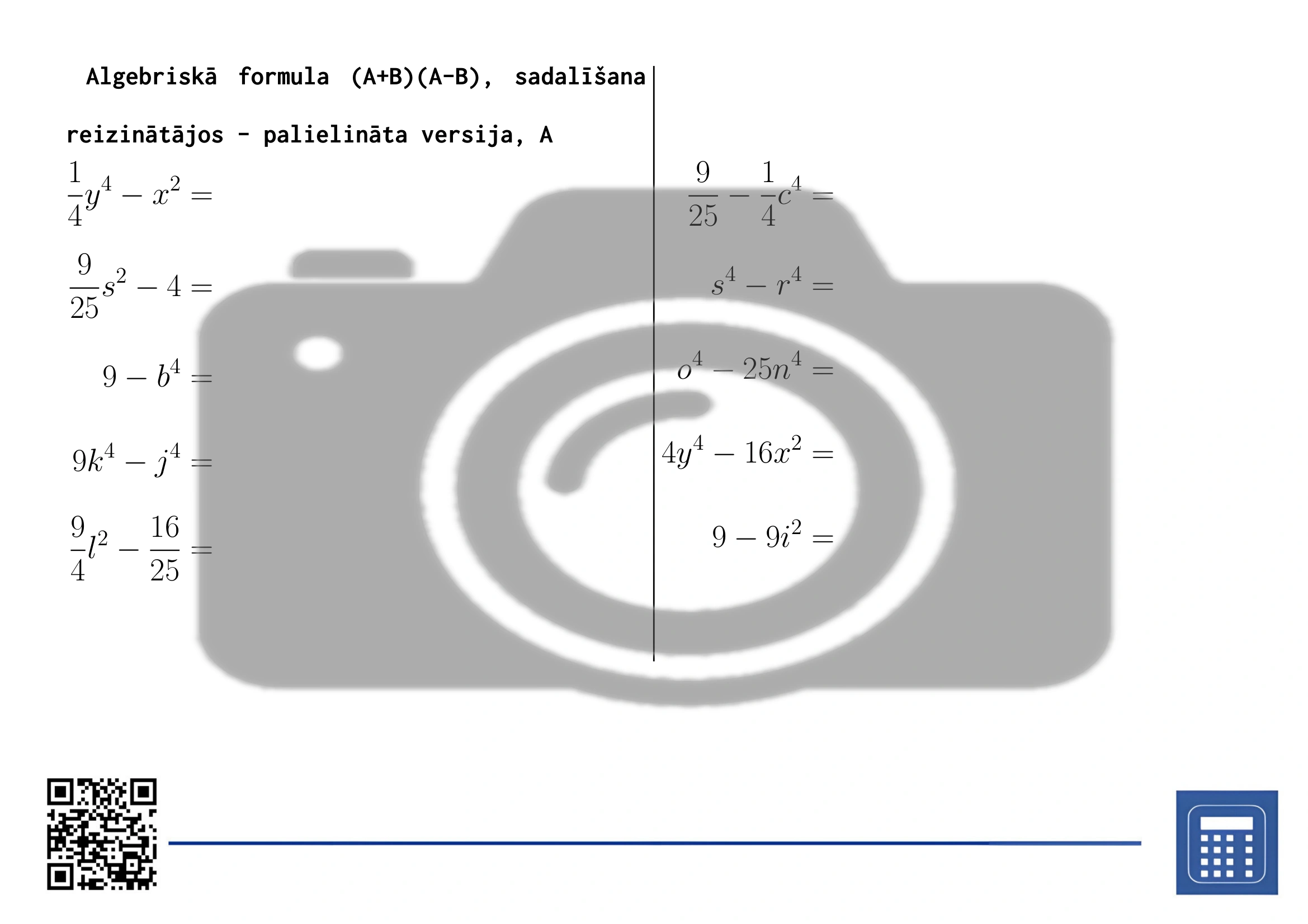 Darba lapa: Algebriskā formula (A+B)(A-B), sadalīšana reizinātājos - Image 3