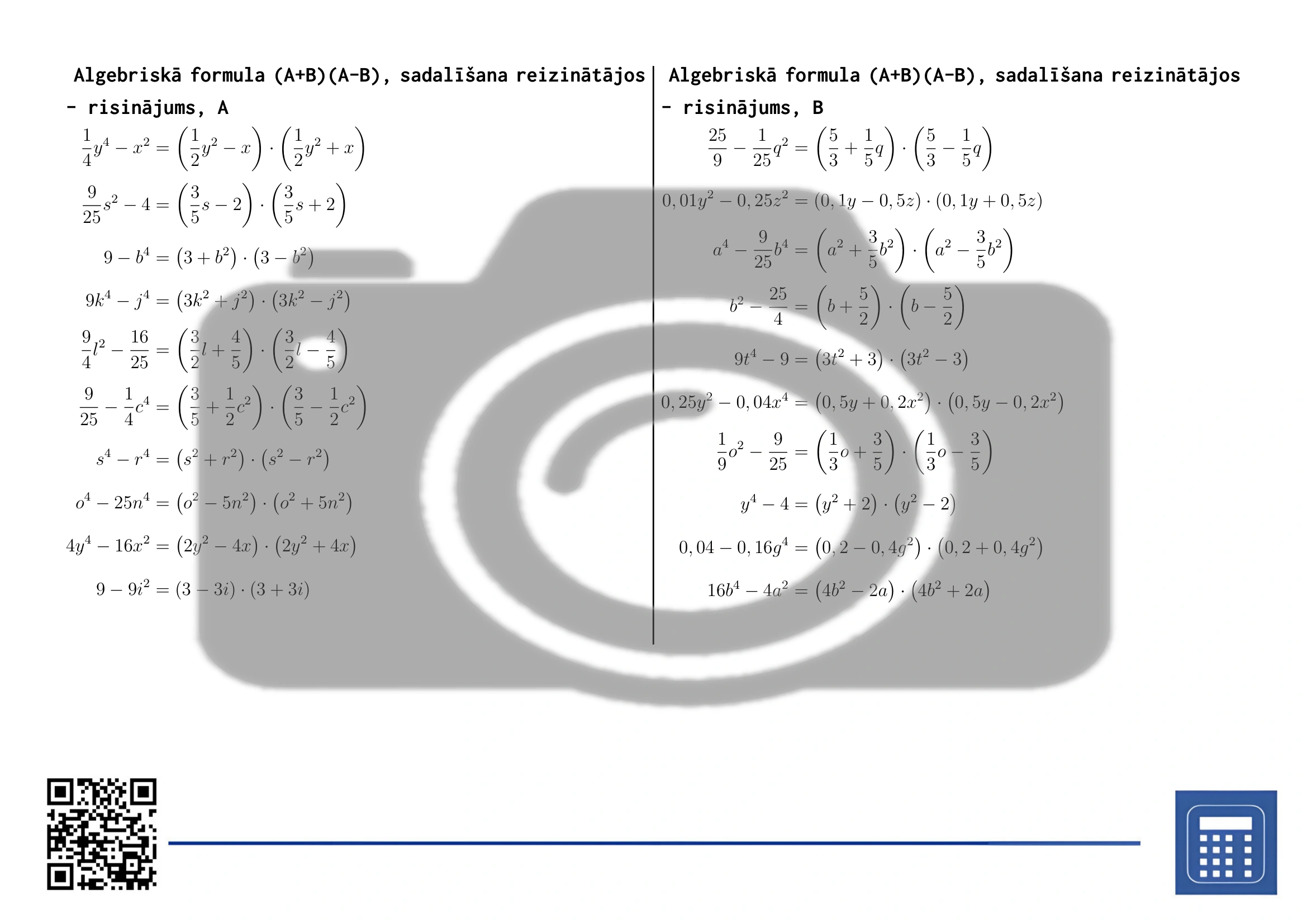 Darba lapa: Algebriskā formula (A+B)(A-B), sadalīšana reizinātājos - Image 4