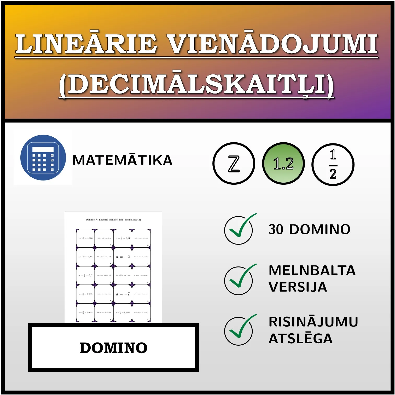 Domino: Lineārie vienādojumi (decimālskaitļi)