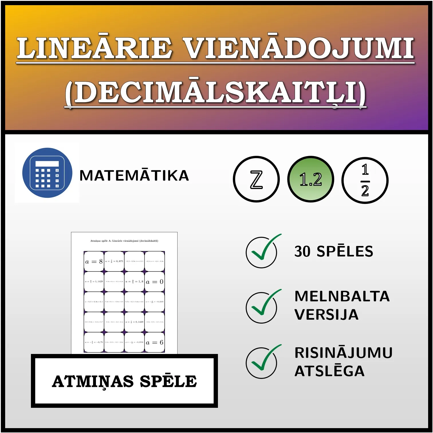 Atmiņas spēle: Lineārie vienādojumi (decimālskaitļi)