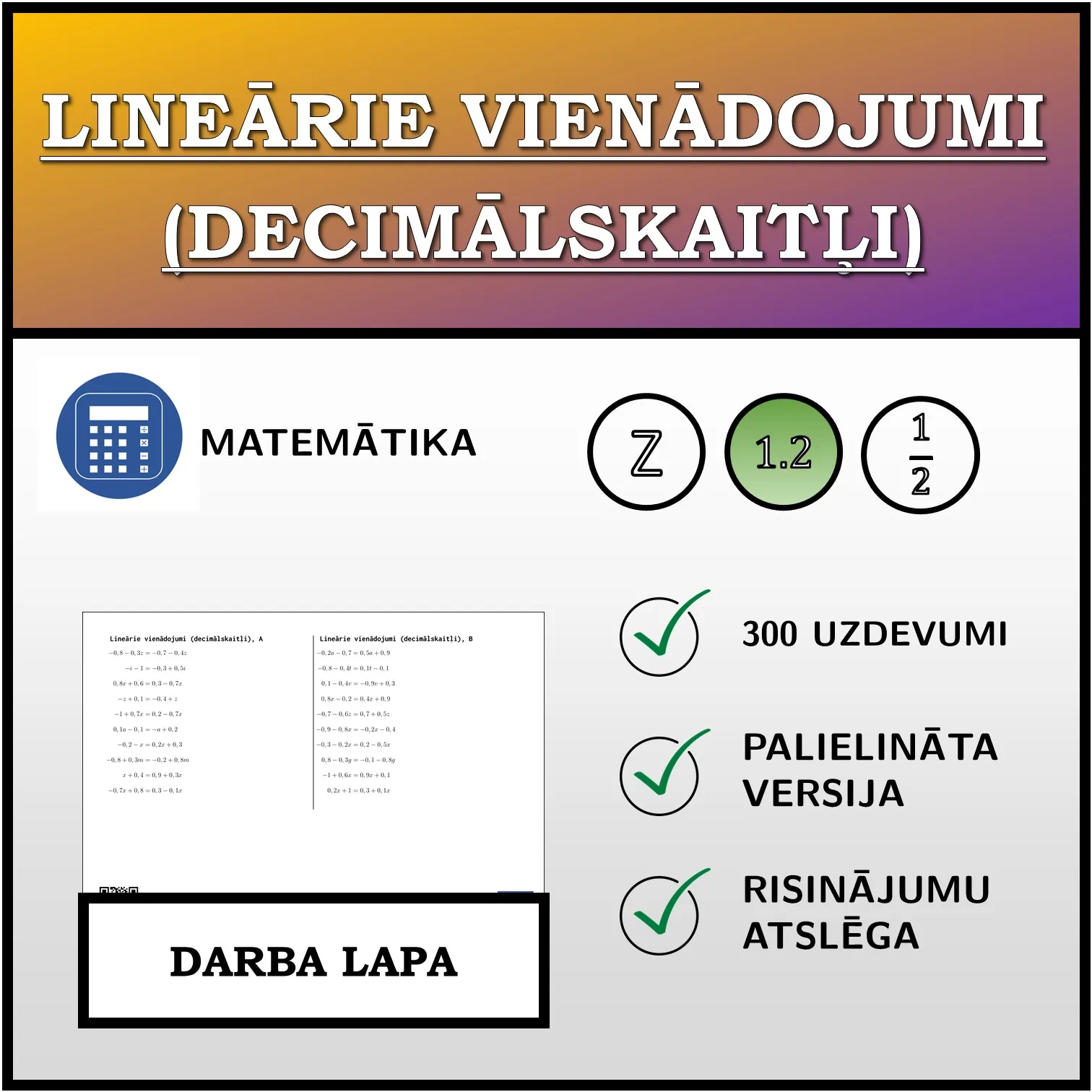 Darba lapa: Lineārie vienādojumi (decimālskaitļi)