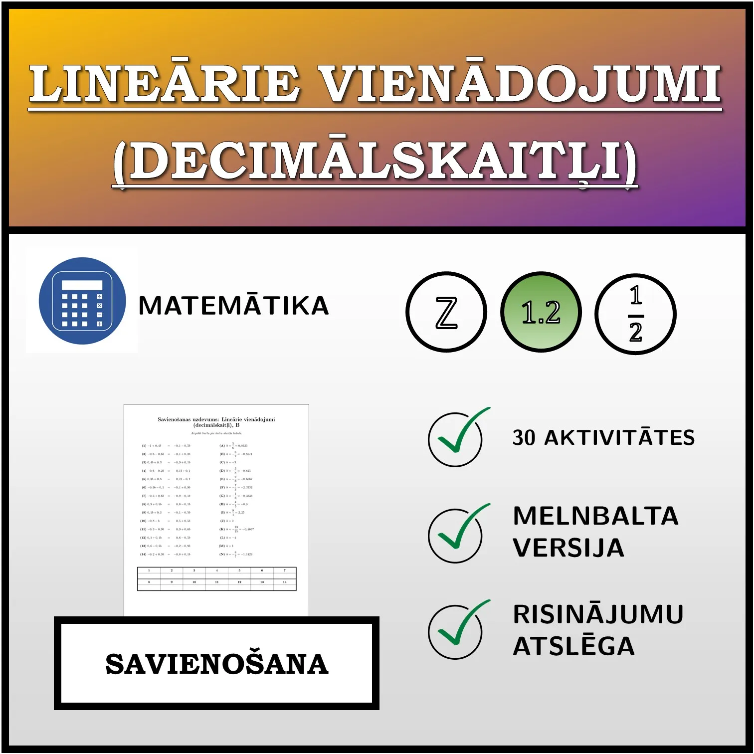 Savienošanas uzdevums: Lineārie vienādojumi (decimālskaitļi)