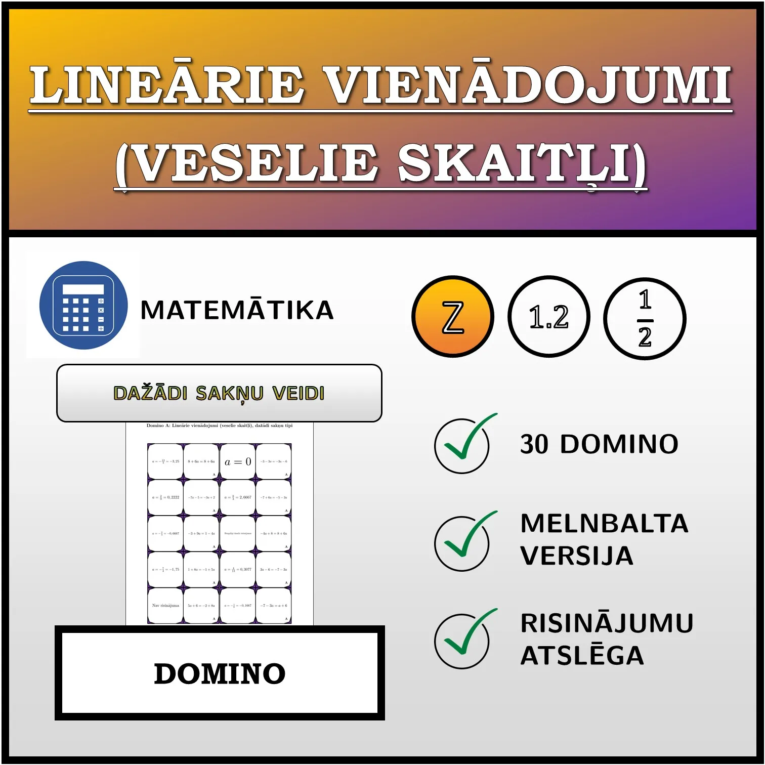 Domino: Lineārie vienādojumi (veselie skaitļi), dažādi sakņu tipi