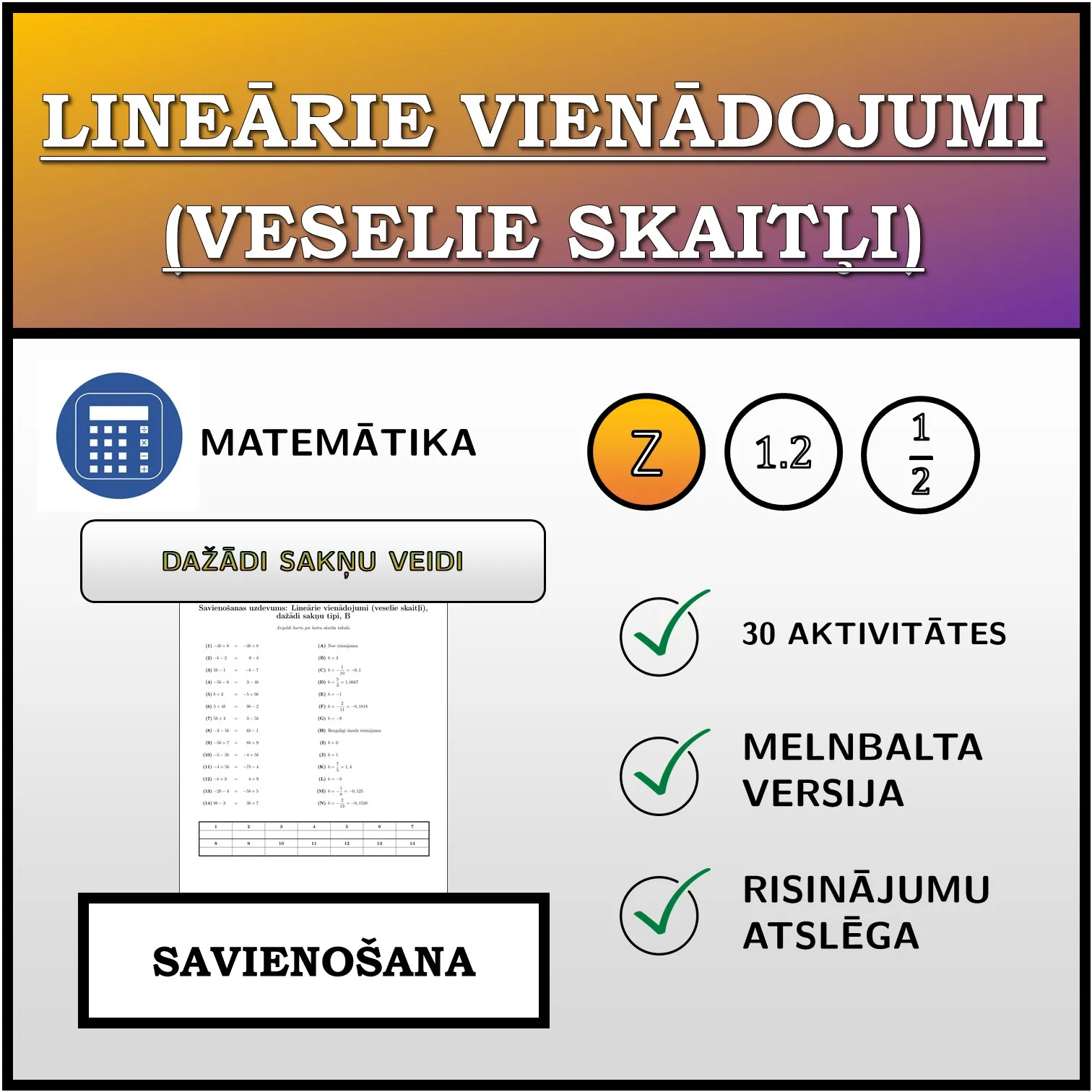 Savienošanas uzdevums: Lineārie vienādojumi (veselie skaitļi), dažādi sakņu tipi