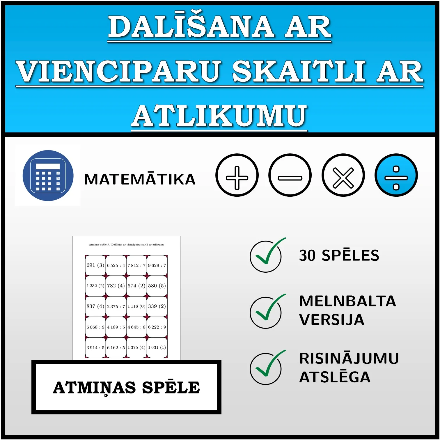Atmiņas spēle: Dalīšana ar vienciparu skaitli ar atlikumu