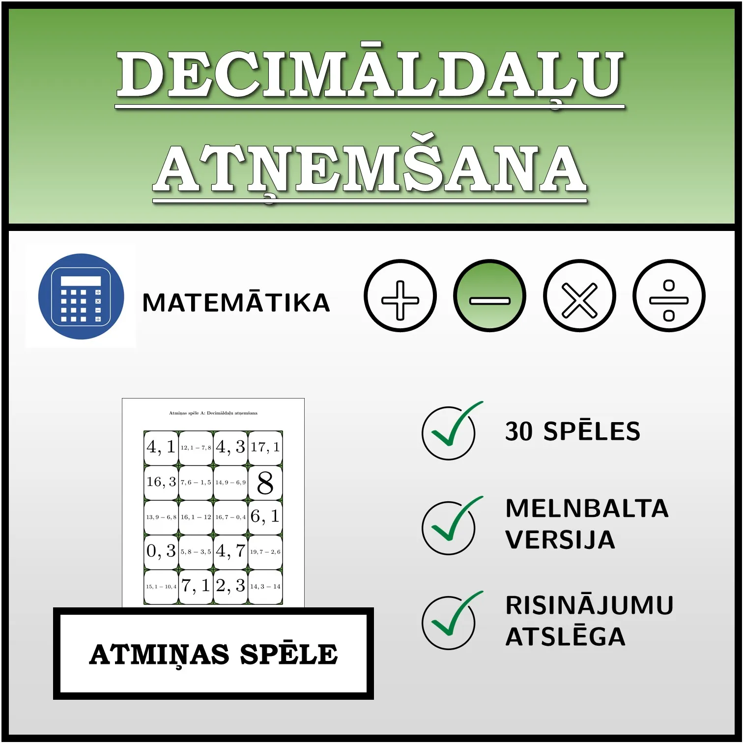 Atmiņas spēle: Decimāldaļu atņemšana