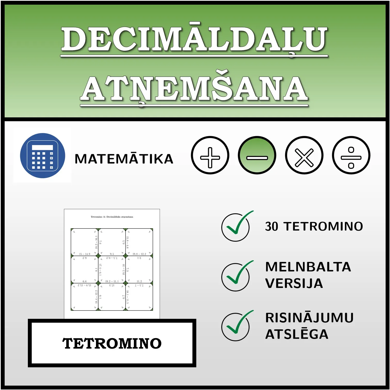 Tetromino: Decimāldaļu atņemšana