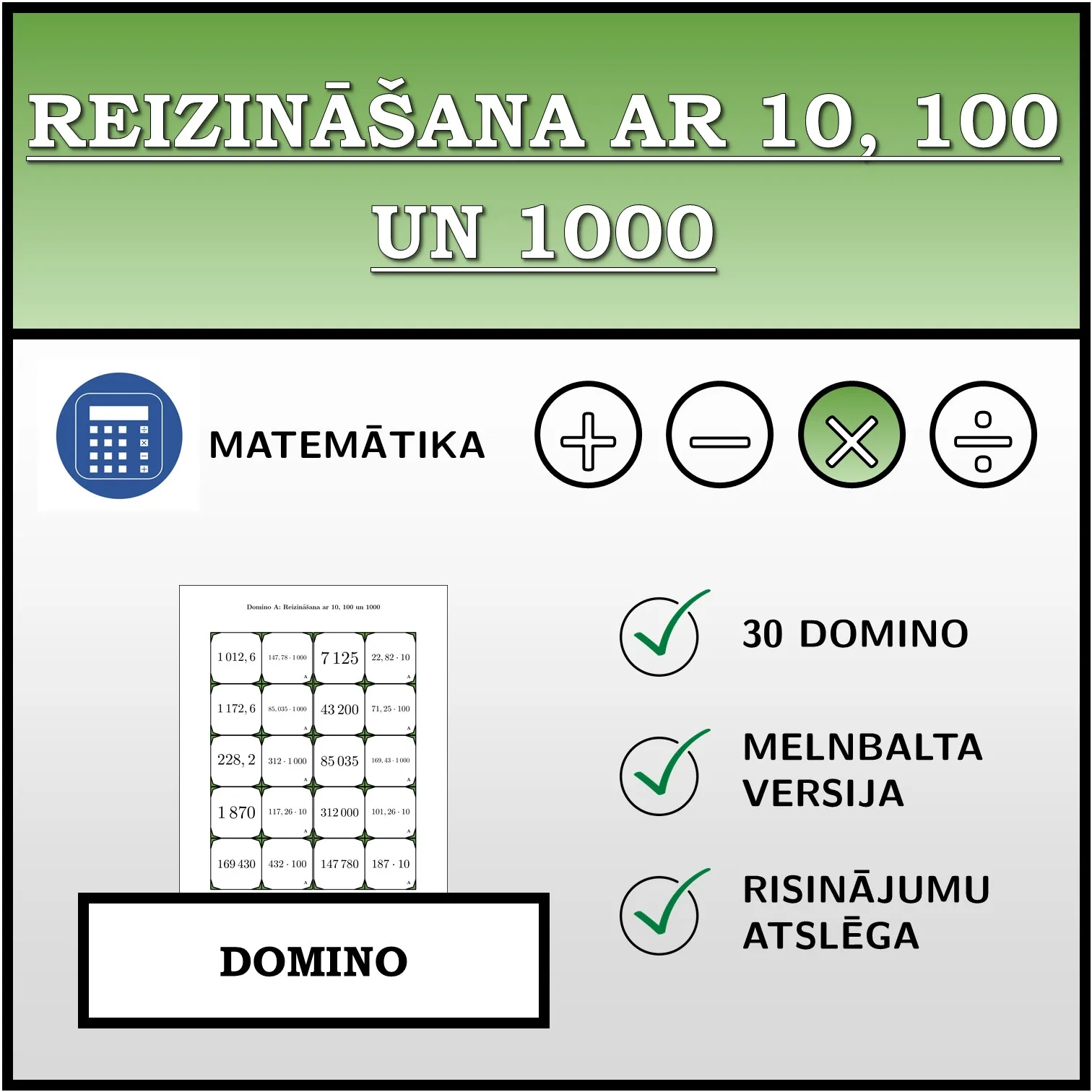 Domino: Reizināšana ar 10, 100 un 1000