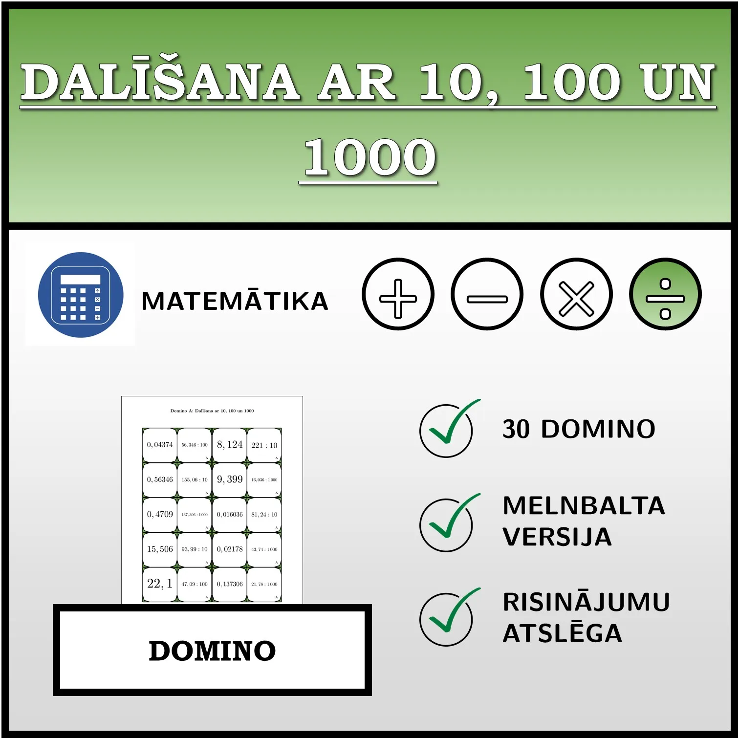 Domino: Dalīšana ar 10, 100 un 1000