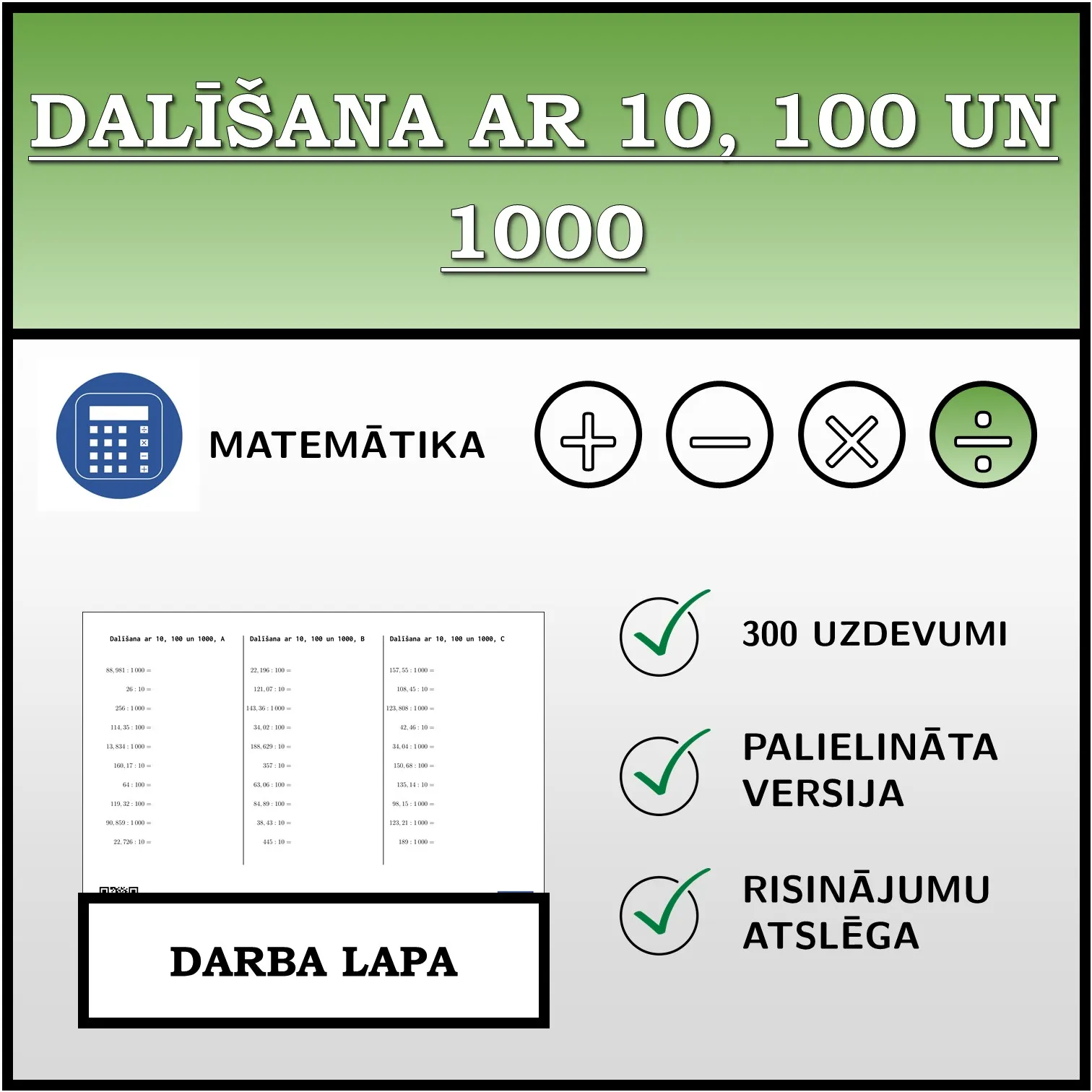 Darba lapa: Dalīšana ar 10, 100 un 1000