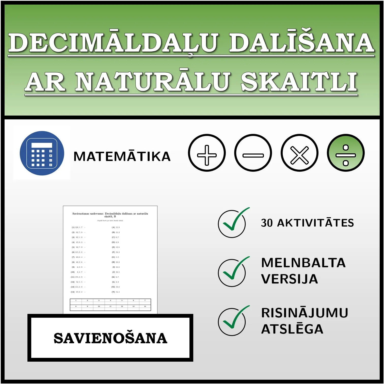 Savienošanas uzdevums: Decimāldaļu dalīšana ar naturālu skaitli