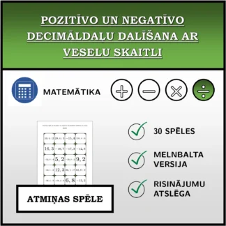 Atmiņas spēle: Pozitīvo un negatīvo decimāldaļu dalīšana ar veselu skaitli