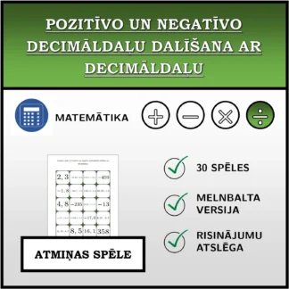 Atmiņas spēle: Pozitīvo un negatīvo decimāldaļu dalīšana ar decimāldaļu