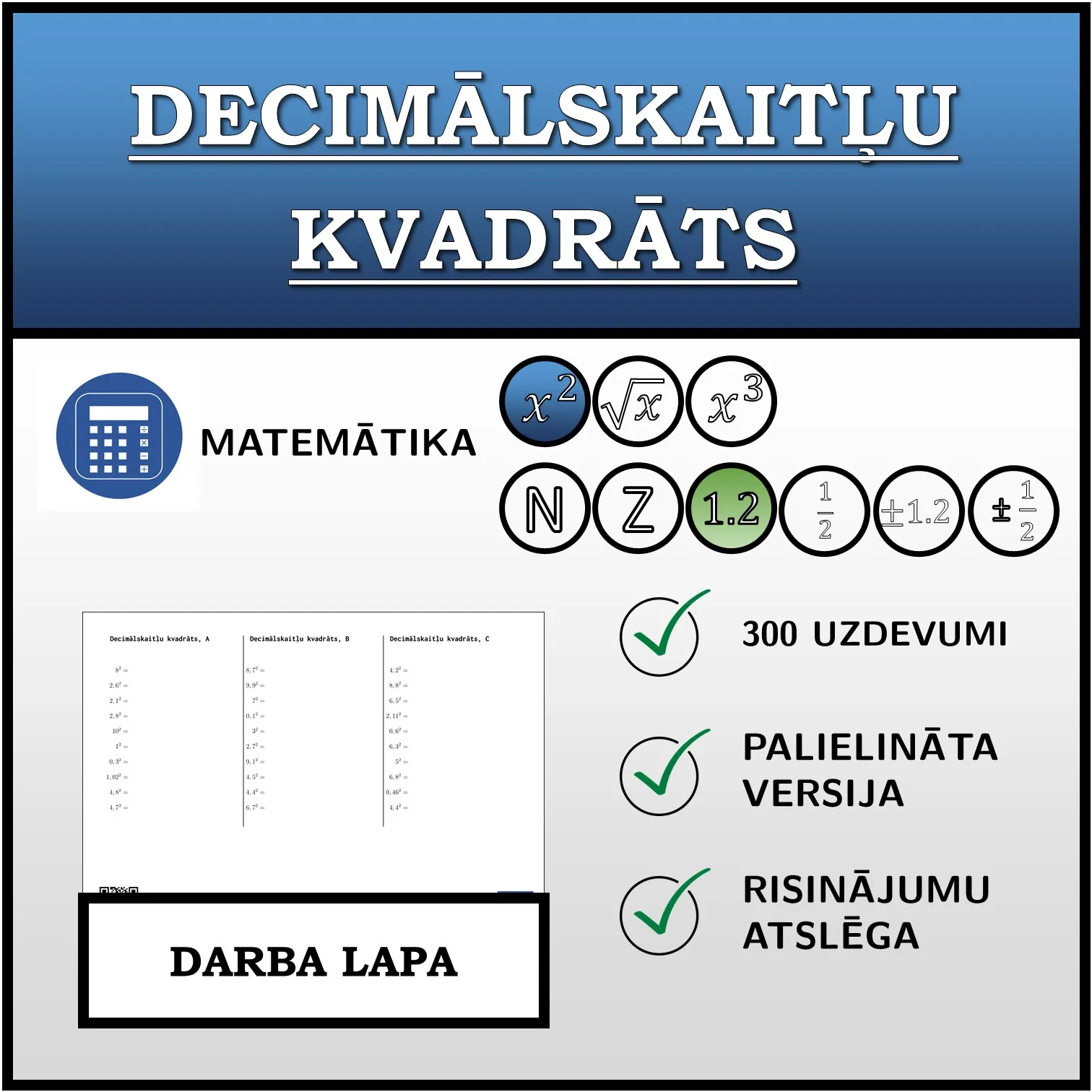 Darba lapa: Decimālskaitļu kvadrāts