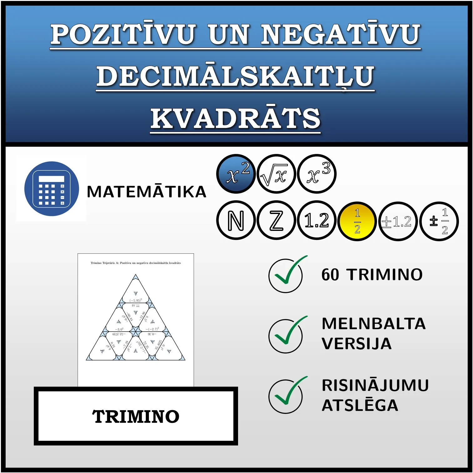 Trimino: Pozitīvu un negatīvu decimālskaitļu kvadrāts