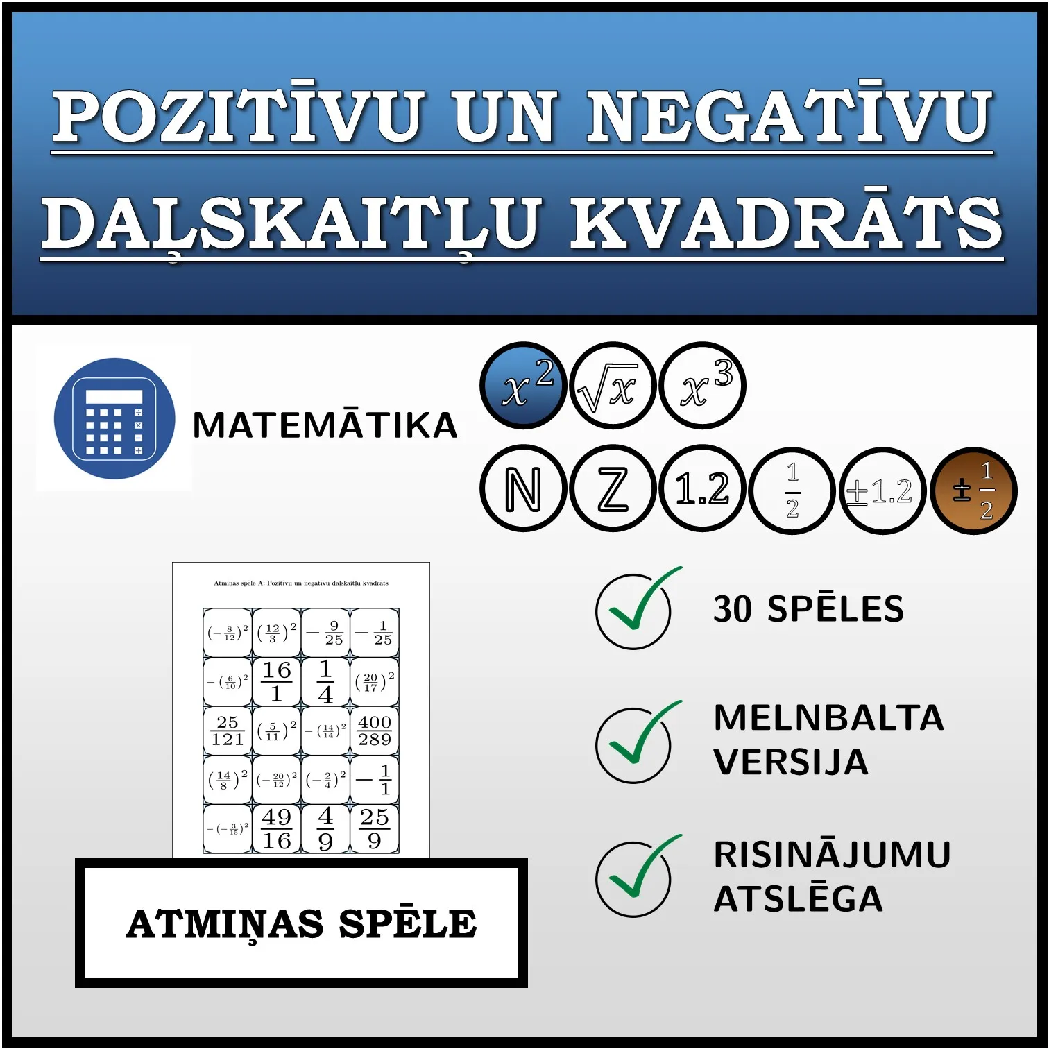 Atmiņas spēle: Pozitīvu un negatīvu daļskaitļu kvadrāts
