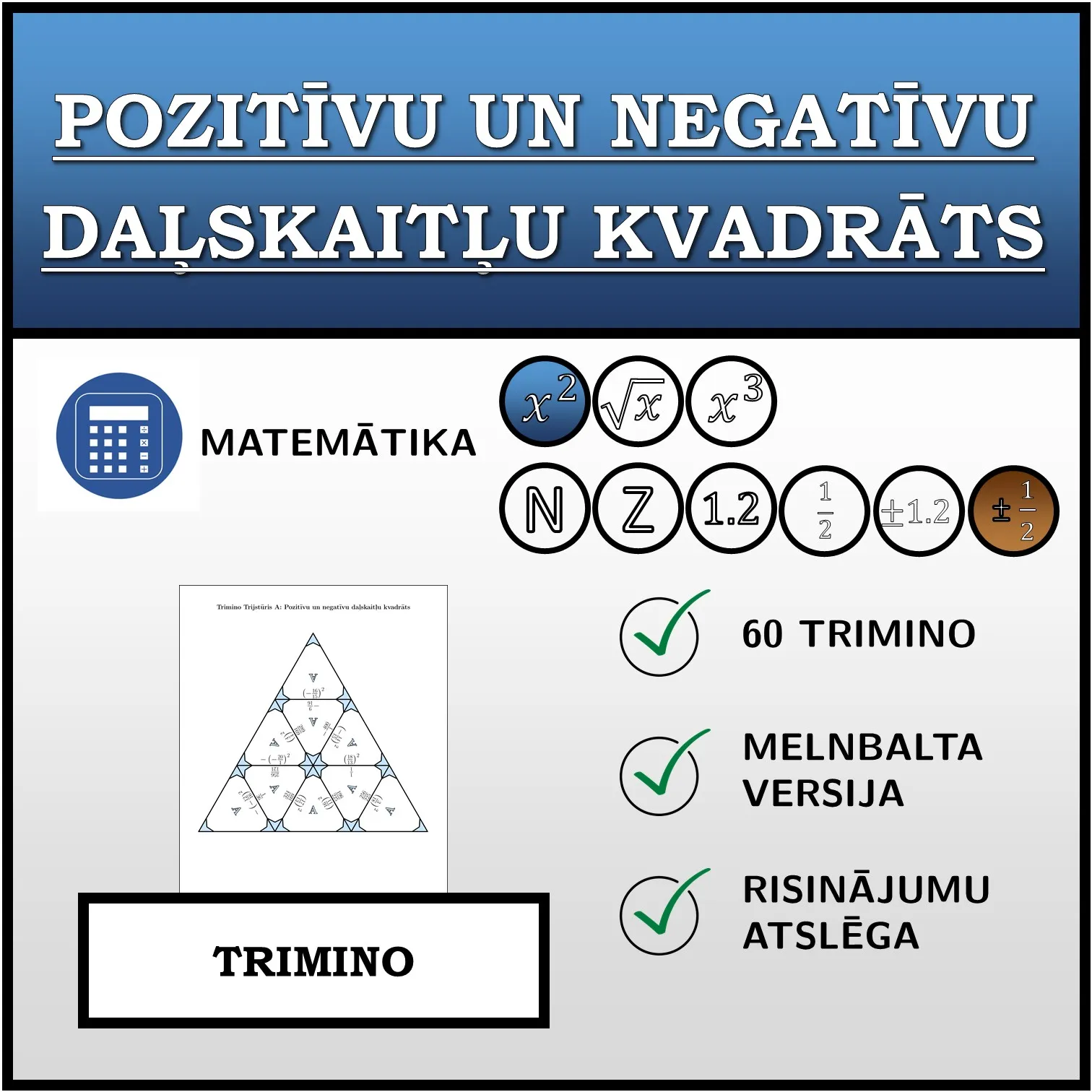 Trimino: Pozitīvu un negatīvu daļskaitļu kvadrāts