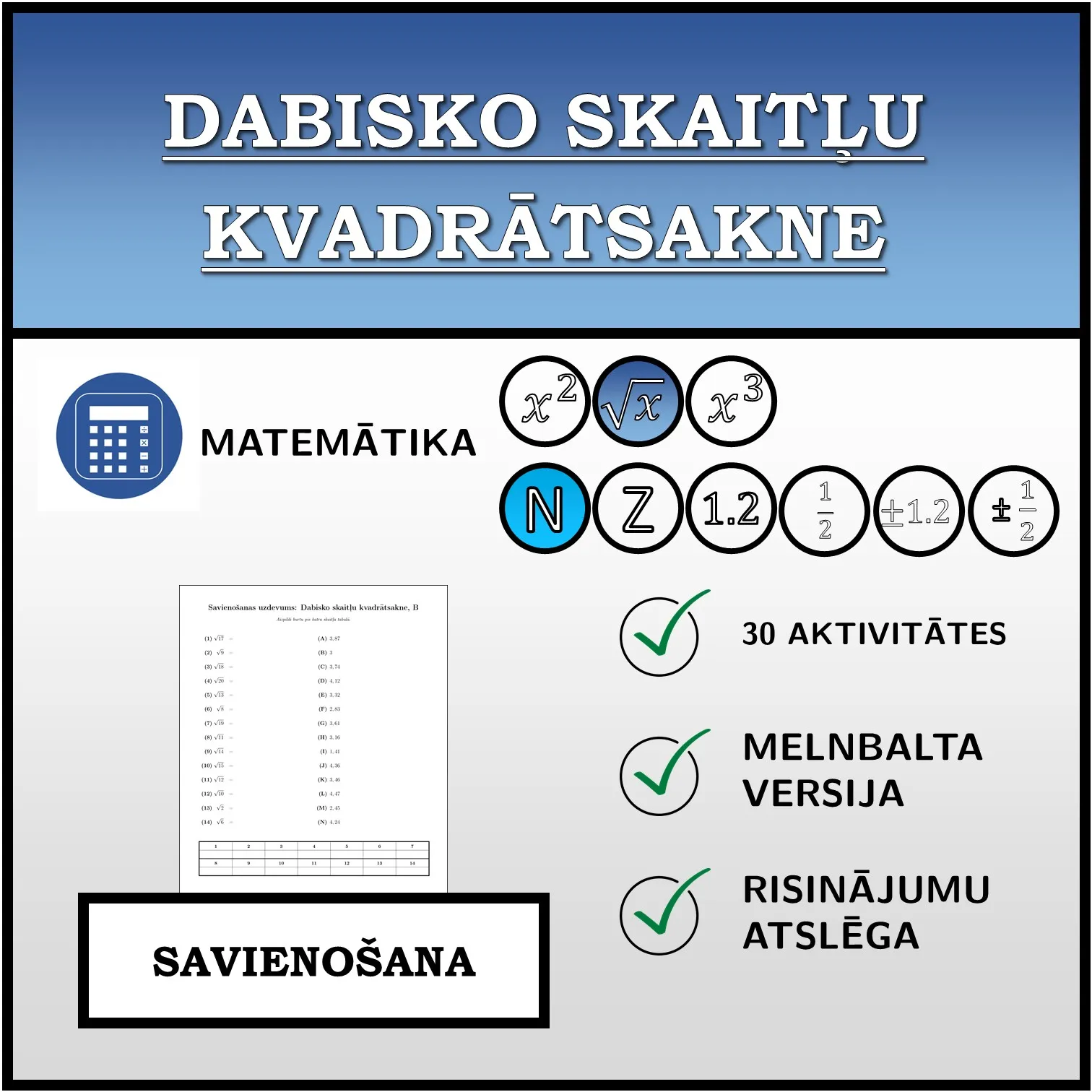 Savienošanas uzdevums: Dabisko skaitļu kvadrātsakne