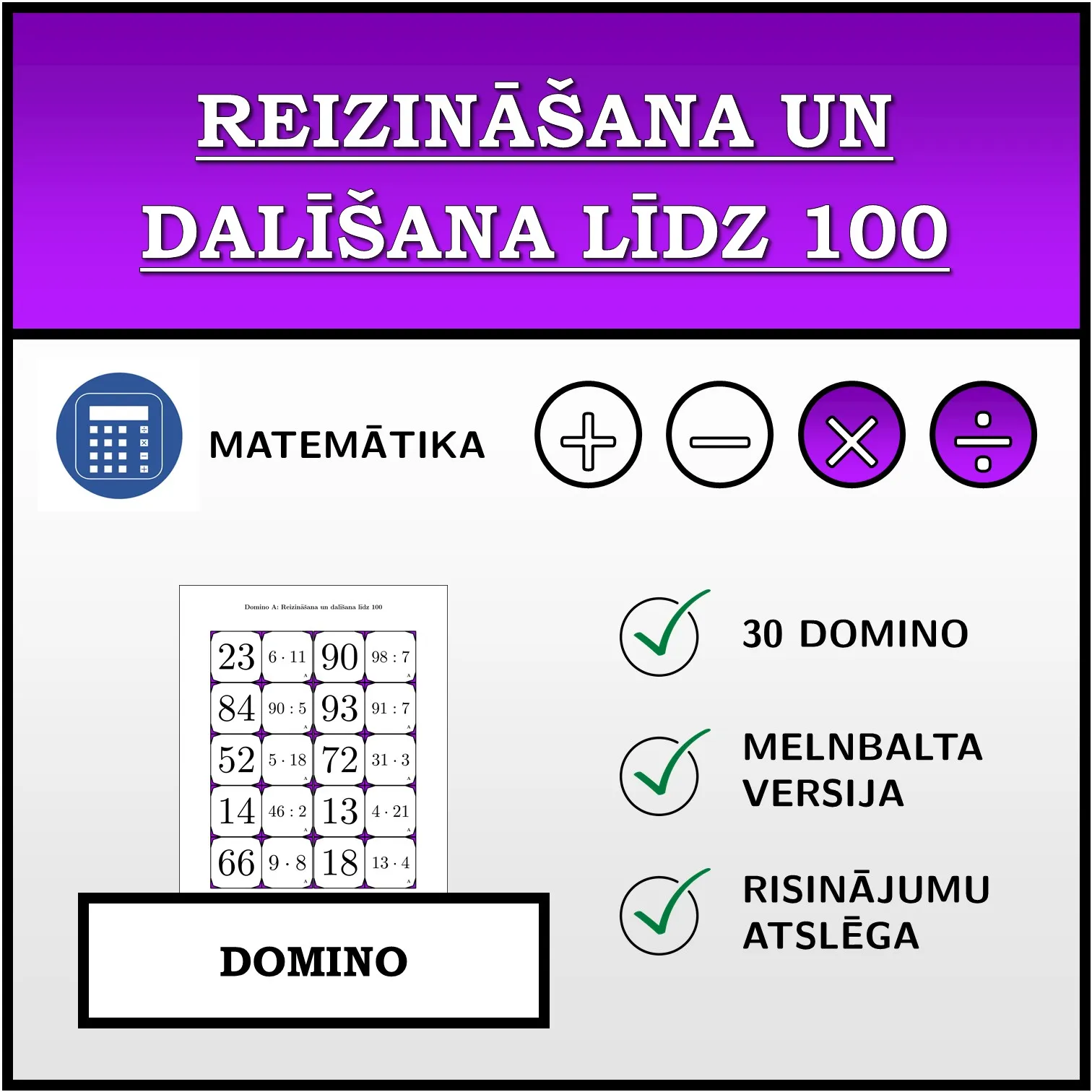 Domino: Reizināšana un dalīšana līdz 100