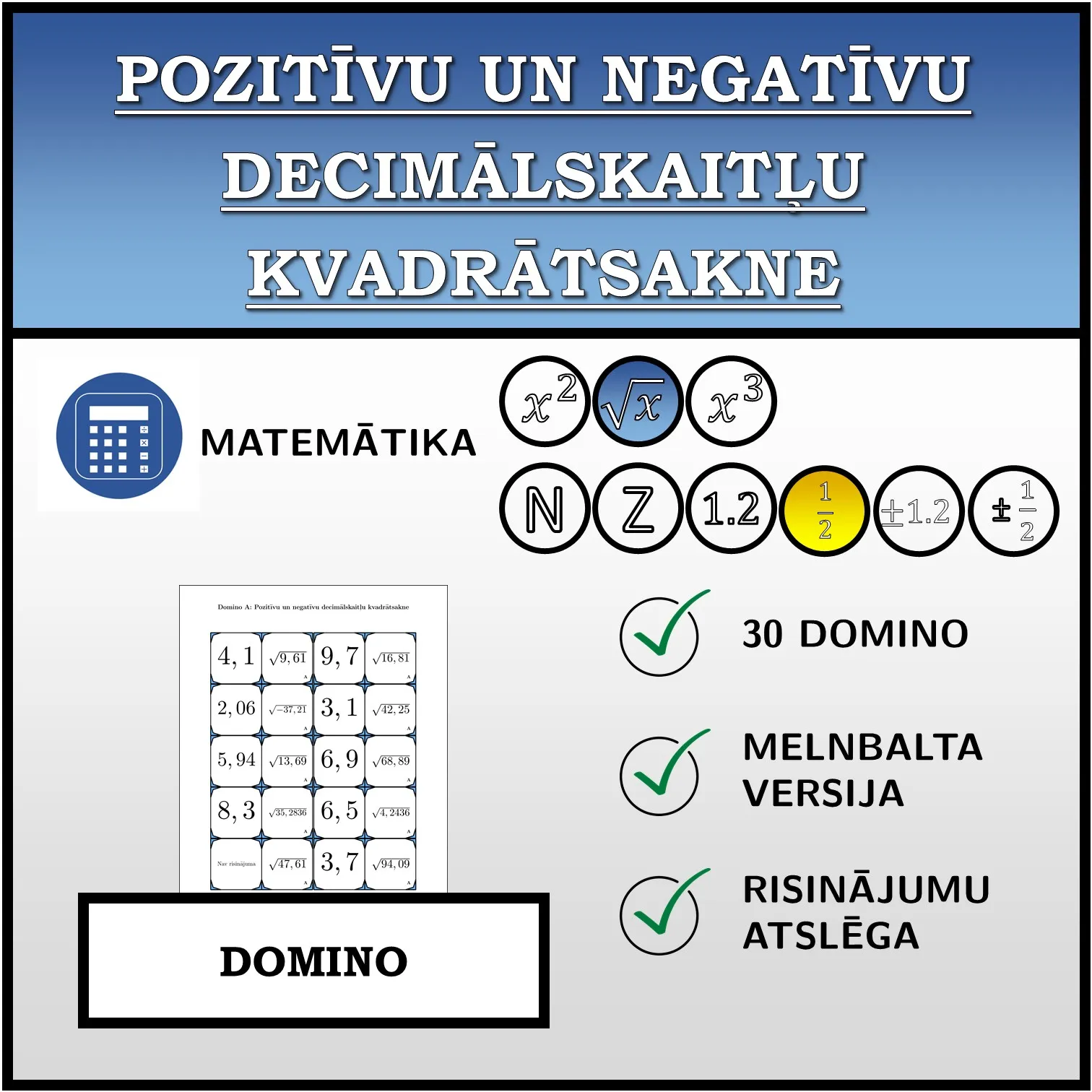 Domino: Pozitīvu un negatīvu decimālskaitļu kvadrātsakne