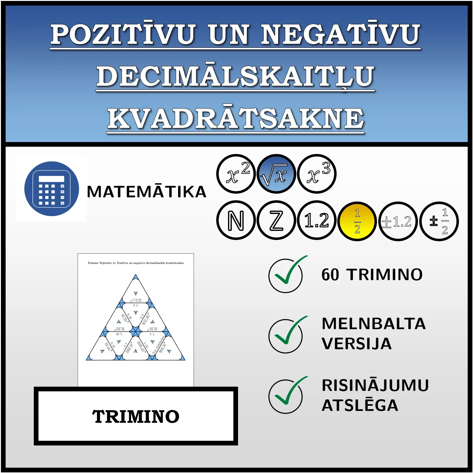 Trimino: Pozitīvu un negatīvu decimālskaitļu kvadrātsakne