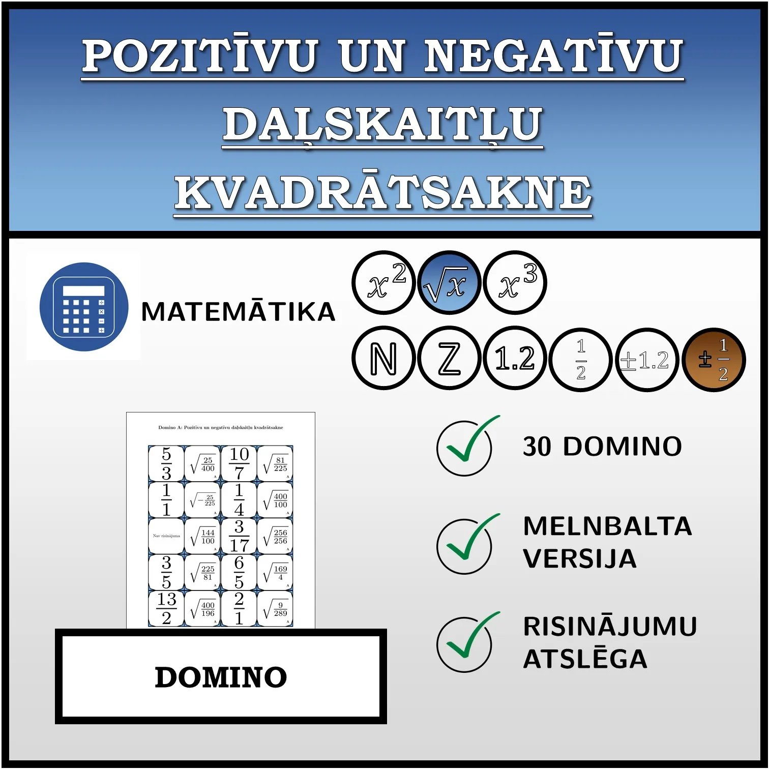 Domino: Pozitīvu un negatīvu daļskaitļu kvadrātsakne