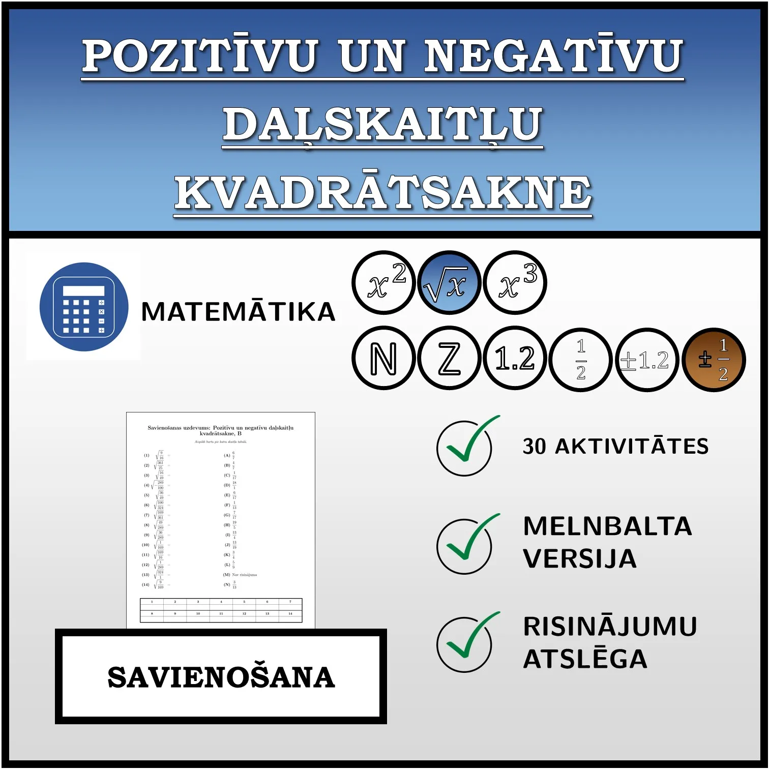 Savienošanas uzdevums: Pozitīvu un negatīvu daļskaitļu kvadrātsakne